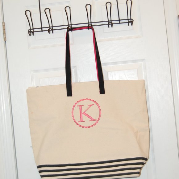 Canvas Tote W/ Initial K  Off White/Pink & Black 22" W x 17" H - Picture 1 of 16
